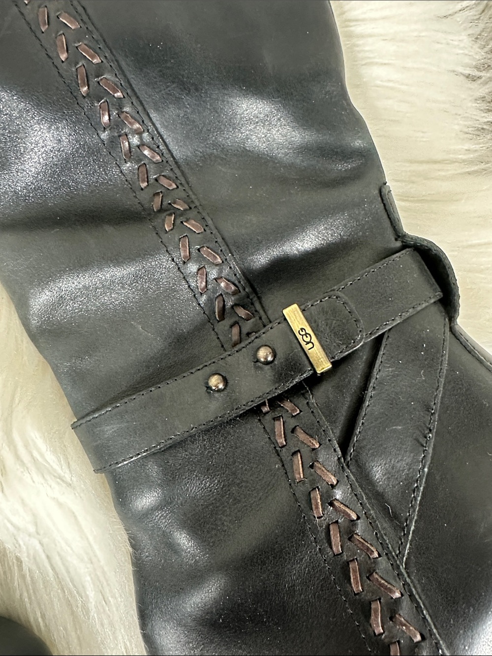 UGG Black Leather Claudine Knee-High Heeled Boots 7.5 - Picture 5 of 11